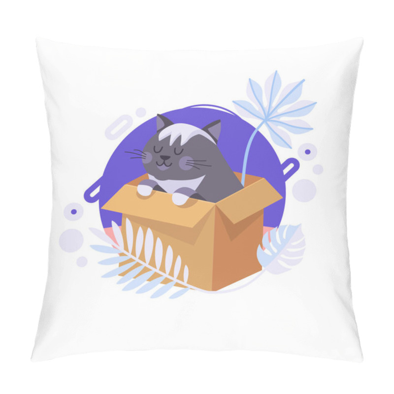 Personality  Cartoon Cat Staying In The Box And Thinking About Life Meaning. British Cat Can Be Delivered To Someone's Home. Completed And Isolated Vector Illustration. Pillow Covers