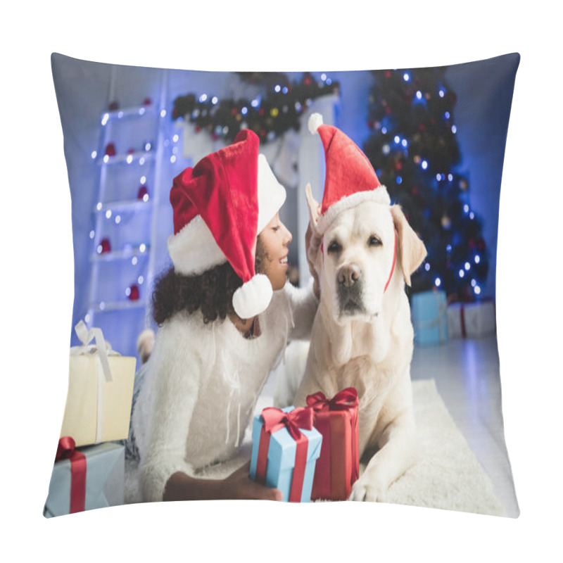 Personality  Smiling African American Girl Stroking Labrador Dog While Lying On Floor Near Gift Boxes On Blurred Background Pillow Covers