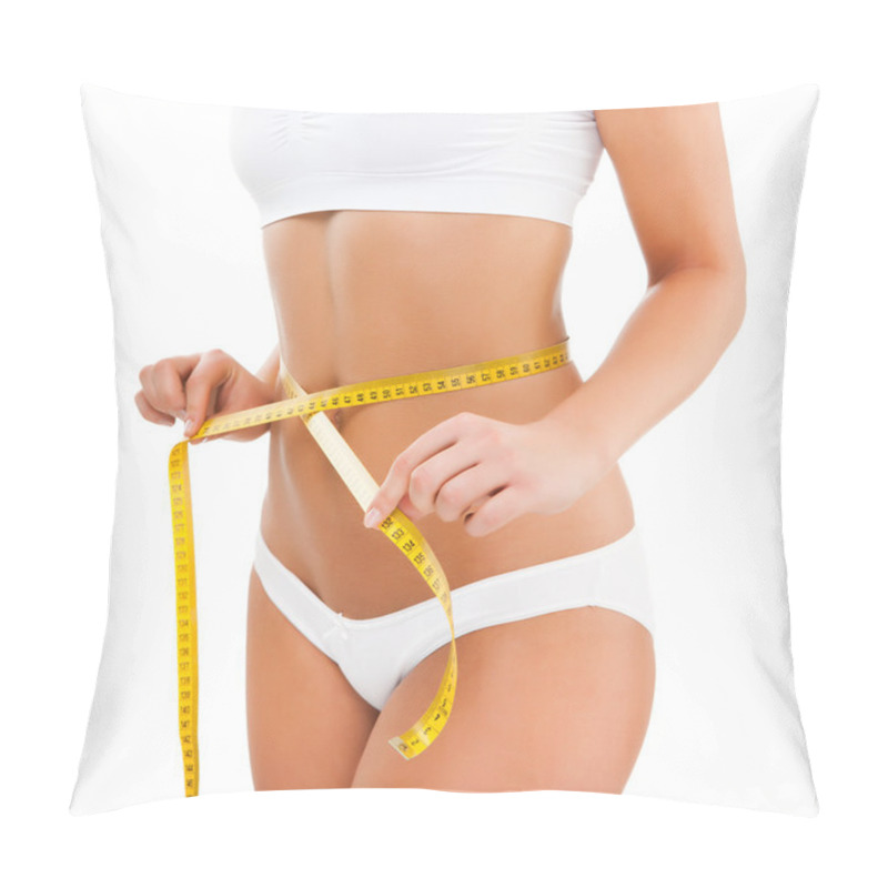 Personality  Woman Measuring Her Slim Body Isolated On White Background Pillow Covers