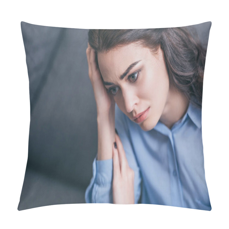 Personality  Sad Woman In Blue Blouse Sitting On Grey Couch And Holding Head In Room, Grieving Disorder Concept Pillow Covers