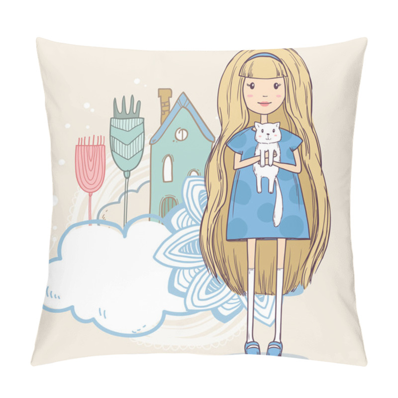 Personality  Girl With Little White Cat On Abstract Background With House, Flowers And Clouds. Vector Cute Illustration Pillow Covers