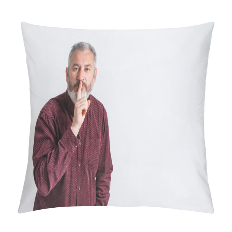 Personality  Gray Bearded Man Have The Finger On Lips As Man Gesturing Shh Sign, Please Be Silent Concept Pillow Covers