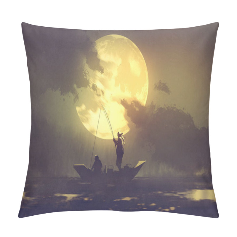 Personality  Fishermen With Fishing Rod On Boat And Big Moon On Background Pillow Covers