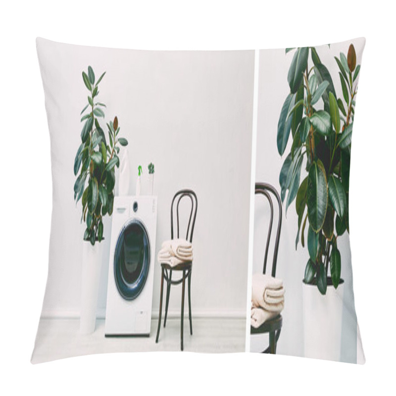 Personality  Collage Of Modern Bathroom With Plants, Detergent Bottles, Towels And Chairs Near Washing Machine Pillow Covers