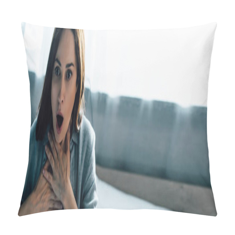 Personality  Website Header Of Frightened Brunette Woman Touching Throat While Having Panic Attack  Pillow Covers