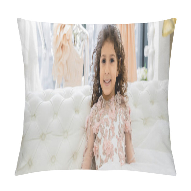 Personality  Happy Middle Eastern Girl With Curly Hair Sitting In Floral Dress On White Couch And Smiling Inside Of Luxurious Wedding Salon, Smiling Kid, Tulle Skirt, Blurred Background, Banner  Pillow Covers