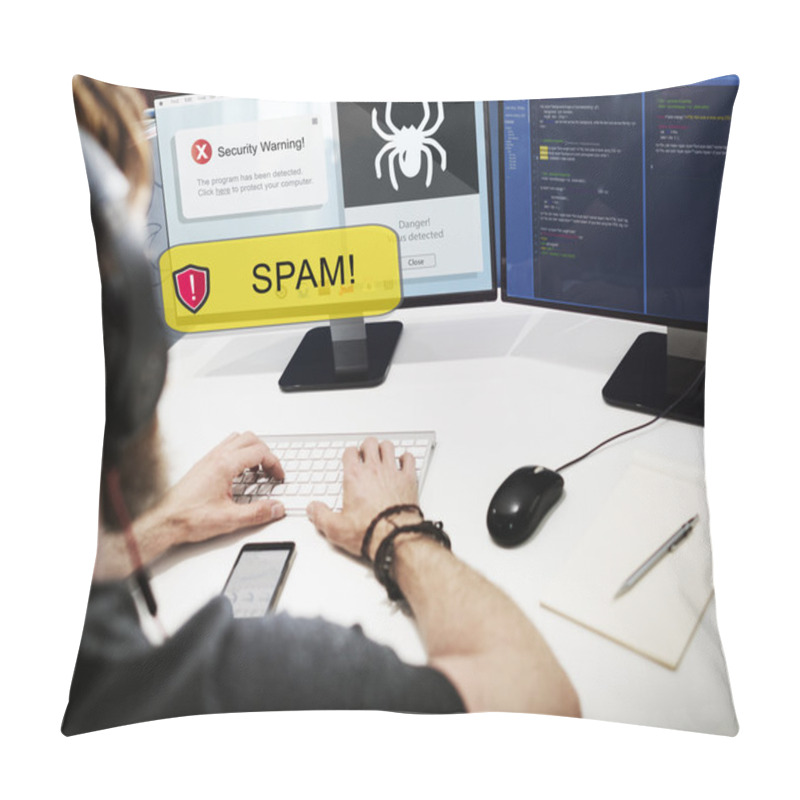 Personality  Businessman Working On Computer With Spam Pillow Covers