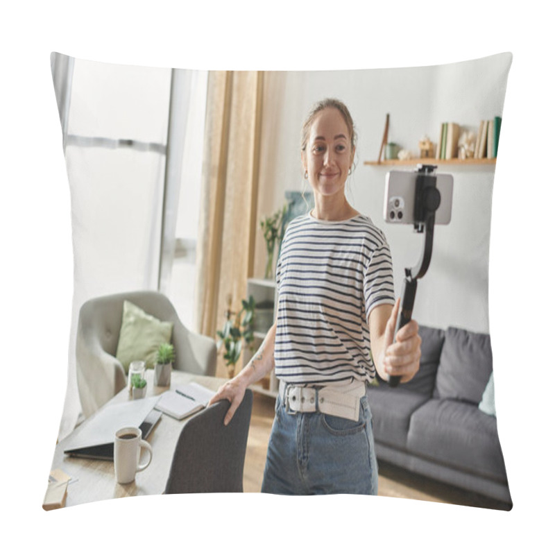 Personality  A Woman With Vitiligo Joyfully Records A Moment In Her Inviting Living Space. Pillow Covers