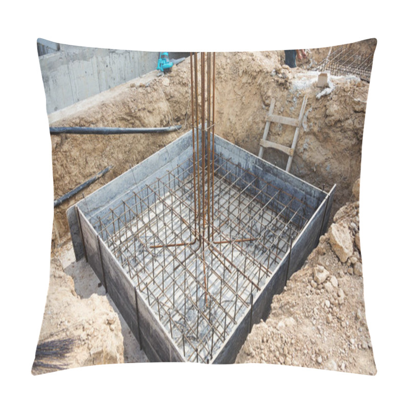 Personality  Foundation Construction Building Site Making Reinforcement Metal Framework For Pouring Concrete. Metal Mold For Cement Construction. Cement Foundation For House Buildin Pillow Covers