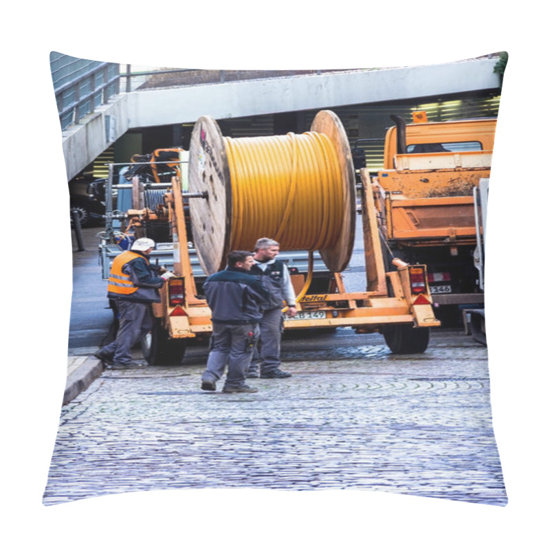 Personality   Construction Workers Make Repair Urban  Engineering. Replacement Of  Cable Laying Modern Optical Communication Pillow Covers