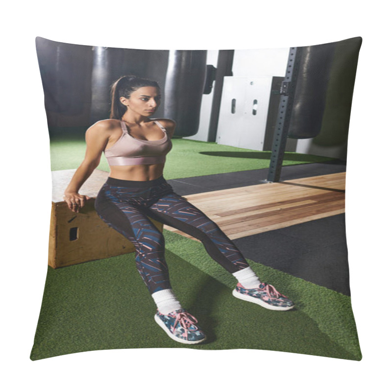 Personality  An Woman Showcases Resilience While Taking A Break During An Intense Gym Workout Session. Pillow Covers