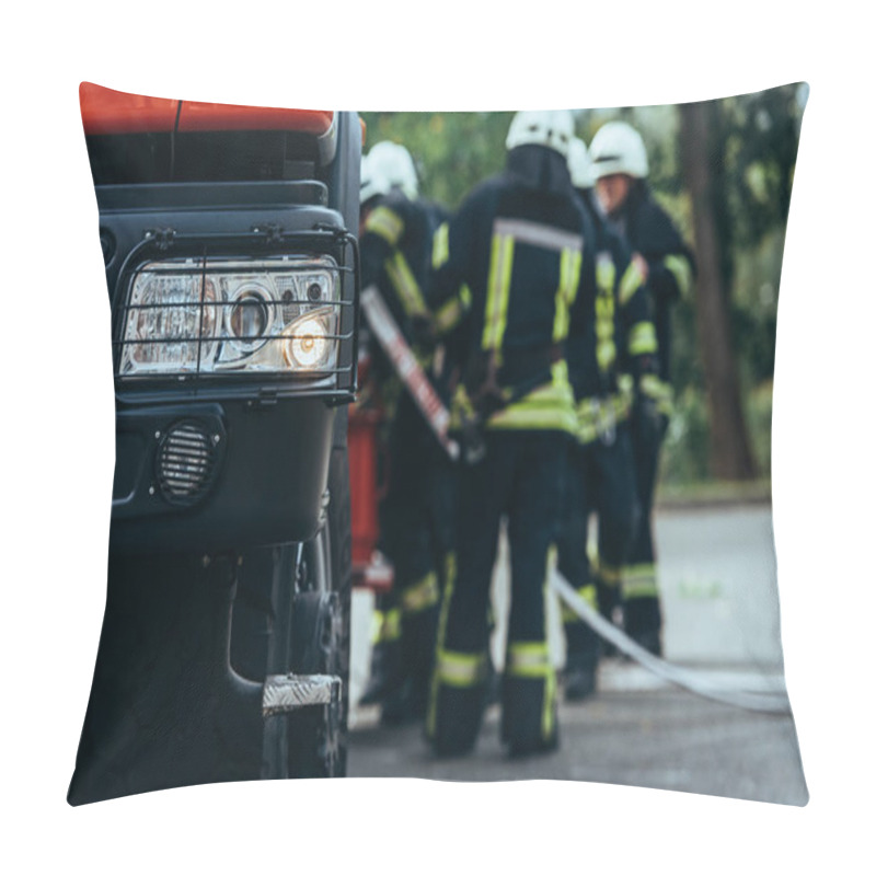 Personality  Selective Focus Of Firefighters Brigade Standing At Fire Truck On Street Pillow Covers