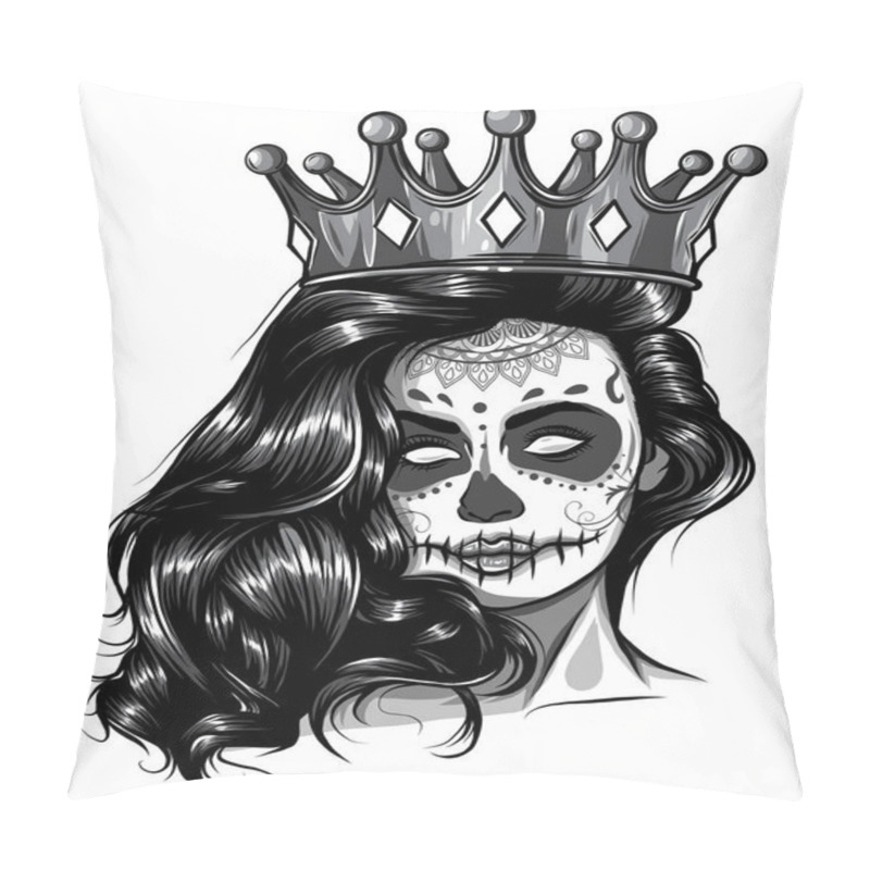 Personality  Monochromatic Skull Girl With A Crown. Vector Illustration Design Pillow Covers