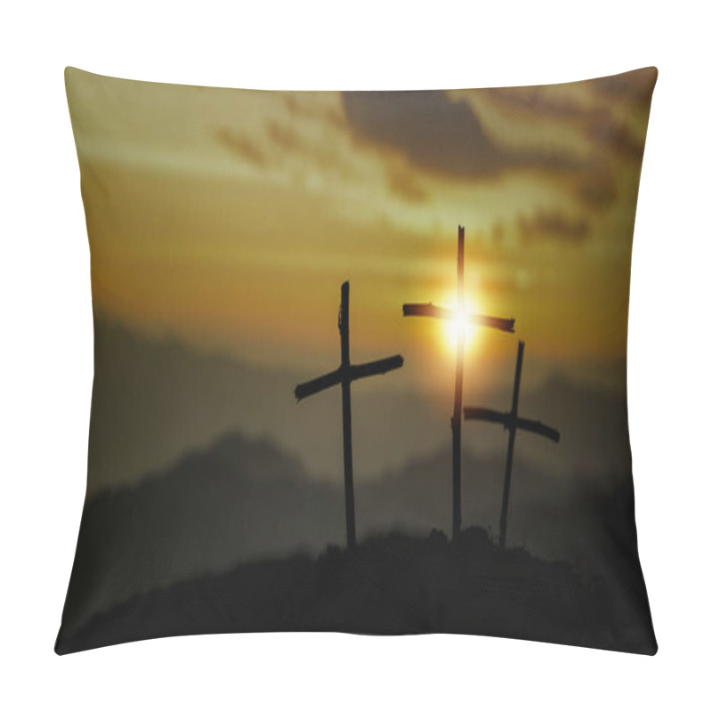 Personality  Crucifixion Of Jesus Christ - Cross At Sunset. The Concept Of The Resurrection Of Jesus In Christianity. Crucifixion On Calvary Or Golgotha Hills In Holy Bible. Pillow Covers