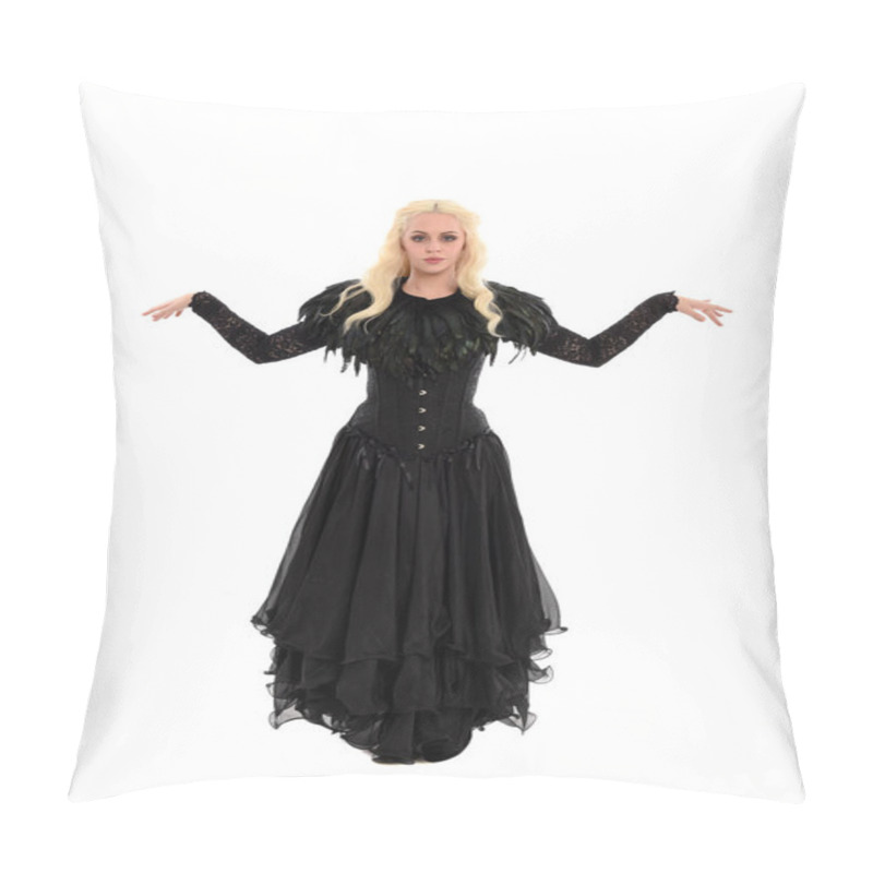 Personality  Full Length Portrait Of Blonde Girl Wearing Corset And Long Black Gown. Isolated On White Studio Background, Pillow Covers