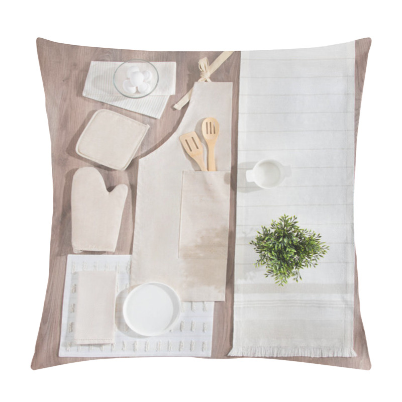 Personality  Overhead Flat-lay Capturing A Crisp Minimalist Kitchen Setup With Neutral Cotton Apron, Wooden Utensils, Matching Oven Mitt, Eggs In A Clear Bowl, White Ceramic Dishware, And Greenery On Warm Wood. Pillow Covers