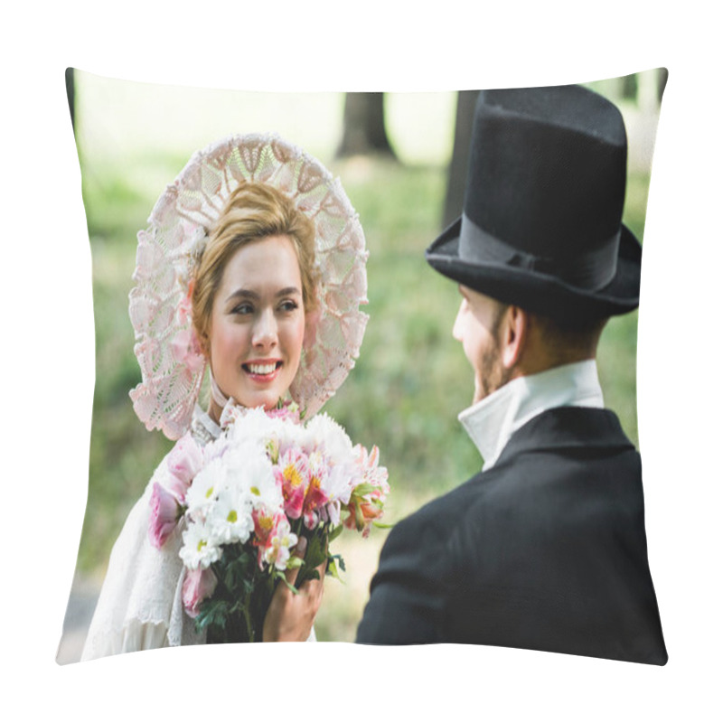 Personality  Selective Focus Of Happy Victorian Woman Holding Flowers And Looking At Gentleman  Pillow Covers