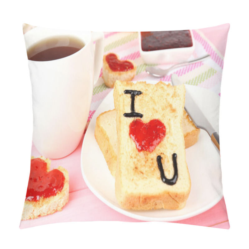 Personality  Delicious Toast With Jam And Cup Of Tea On Table Close-up Pillow Covers