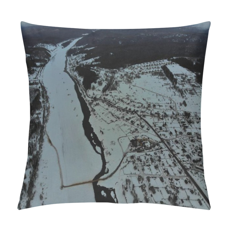 Personality  Town Near Icy River In Winter Season Pillow Covers