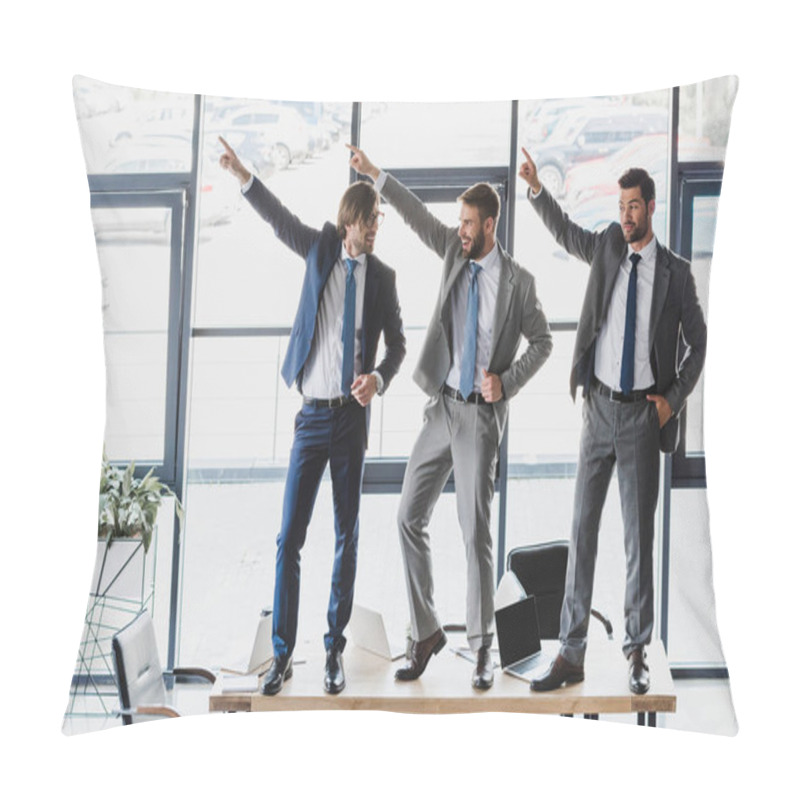 Personality  Three Happy Young Businessmen Dancing On Table In Office  Pillow Covers