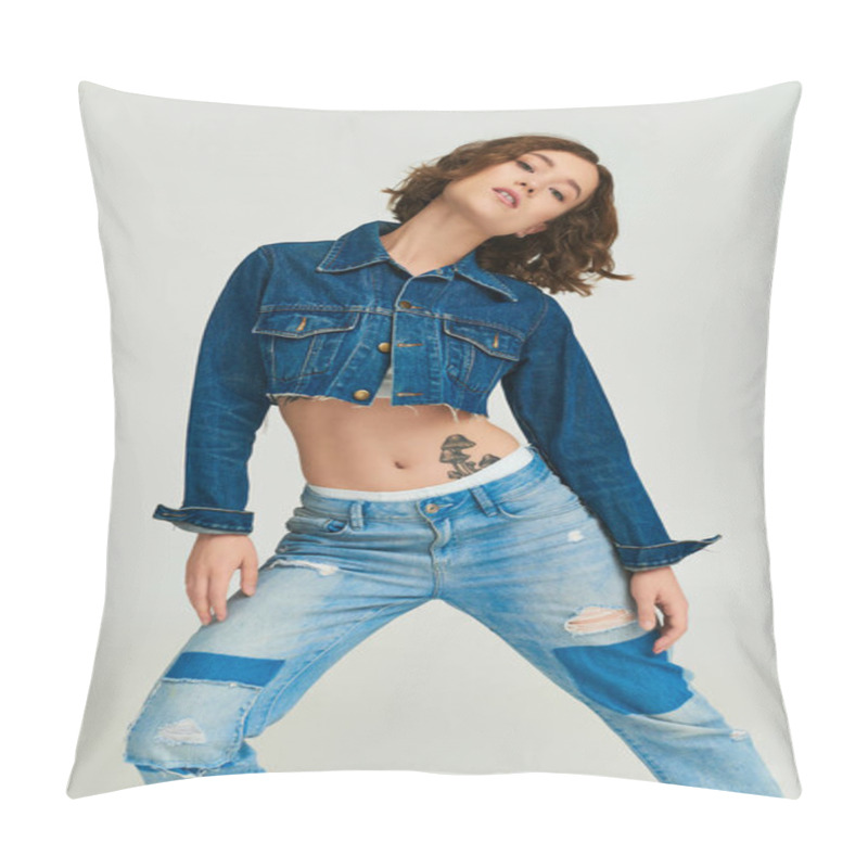 Personality  Self-expression, Young Model In Cropped Denim Jacket And Blue Jeans Posing On Grey Background Pillow Covers