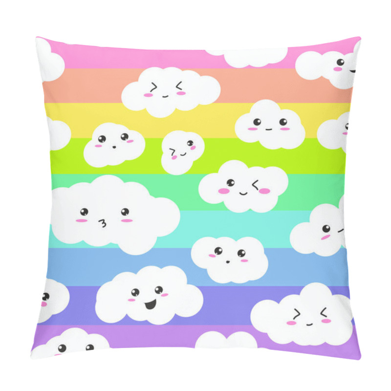 Personality  Seamless Repeating Vector Pattern Of Happy, Kawaii Clouds On A Rainbow Stripe Background. Pillow Covers