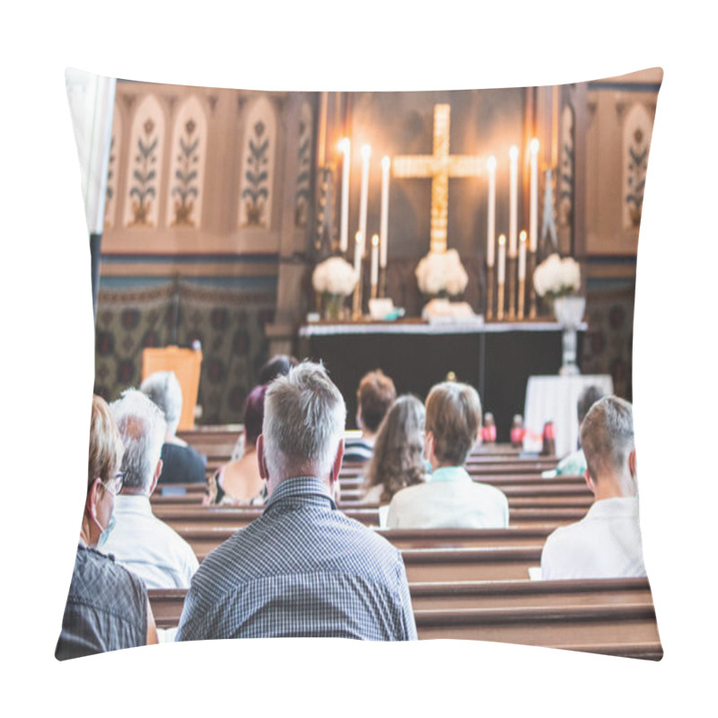 Personality  Holy Mass In Christian Church During The Coronavirus Pandemic Covid-19. Safe Personal Distance With Face Masks. Chruch During Pandemics Pillow Covers