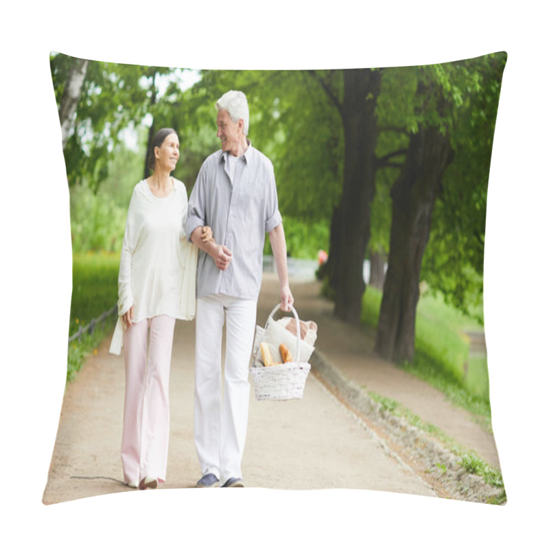 Personality  Amorous Seniors Walking Down Road In Park While Going To Have Picnic On Summer Day Pillow Covers