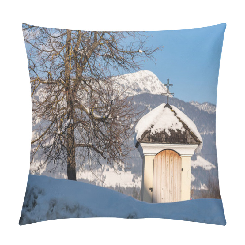 Personality  A Small Wooden Alpine Chapel Covered With Snow And Lit By Warm Sunlight. Next To It Is A Lonely Tree. Alps In Austria Pillow Covers