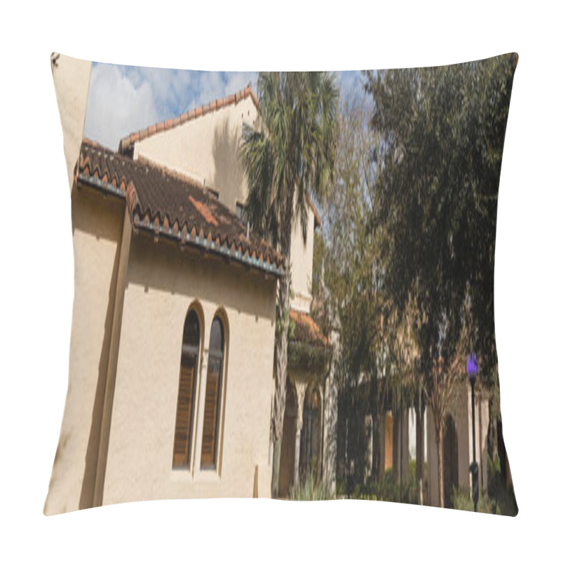 Personality  Green Palm Trees Near Mediterranean Style House In Miami, Banner  Pillow Covers