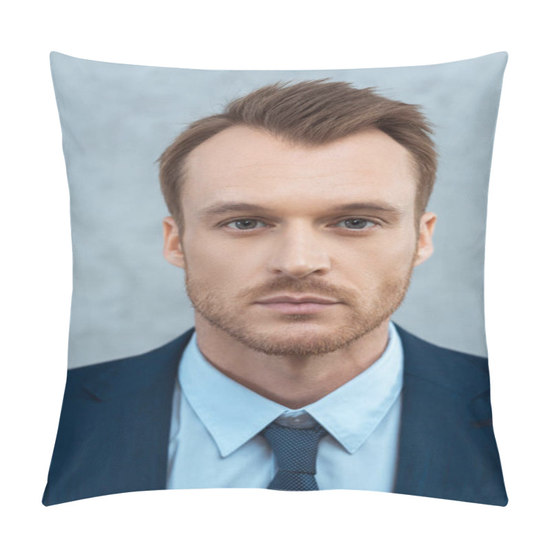 Personality  Close Up Portrait Of Handsome Young Businessman Looking At Camera In Office Pillow Covers