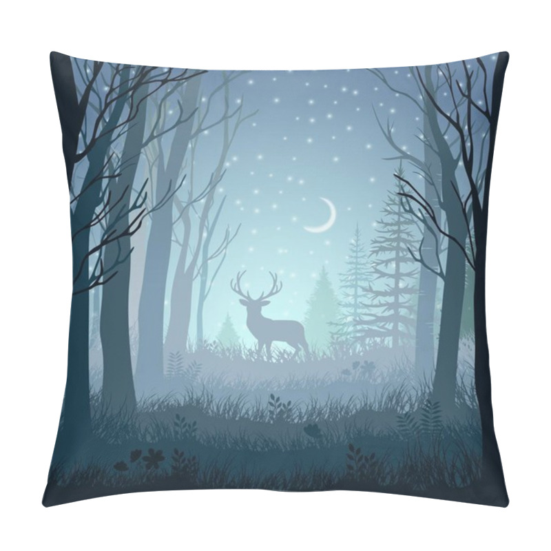 Personality  Winter Landscape With Deer In The Forest At Night Background Pillow Covers