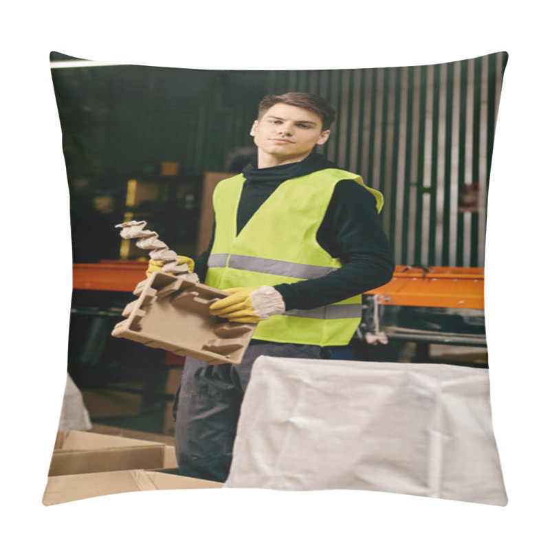 Personality  A Young Volunteer In Gloves And Safety Vest Holding A Box In A Warehouse While Sorting Waste. Pillow Covers