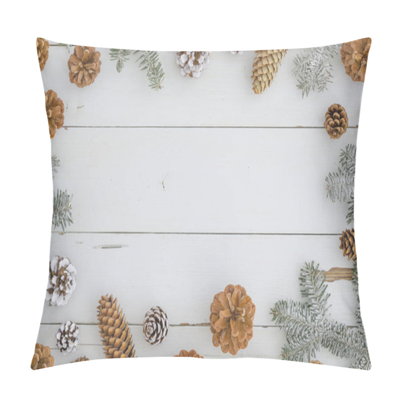 Personality  Pine, Fir, Branches And Cones. Stylish Festive And Cozy New Year, Xmas, Merry Christmas Frame. Trendy Design Pillow Covers