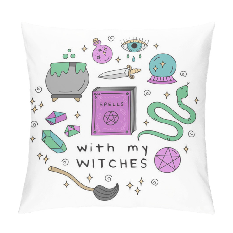 Personality  With My Witches Magical Vector Hand Drawn Illustration. Witchcraft Cute Objects In Circle. Isolated. Pillow Covers