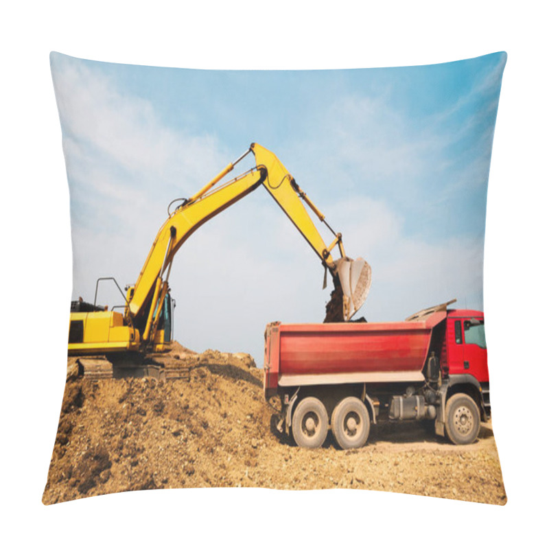 Personality  Excavator Loads Clay Into The Body Of A Dump Truck On A Sunny Summer Day Pillow Covers