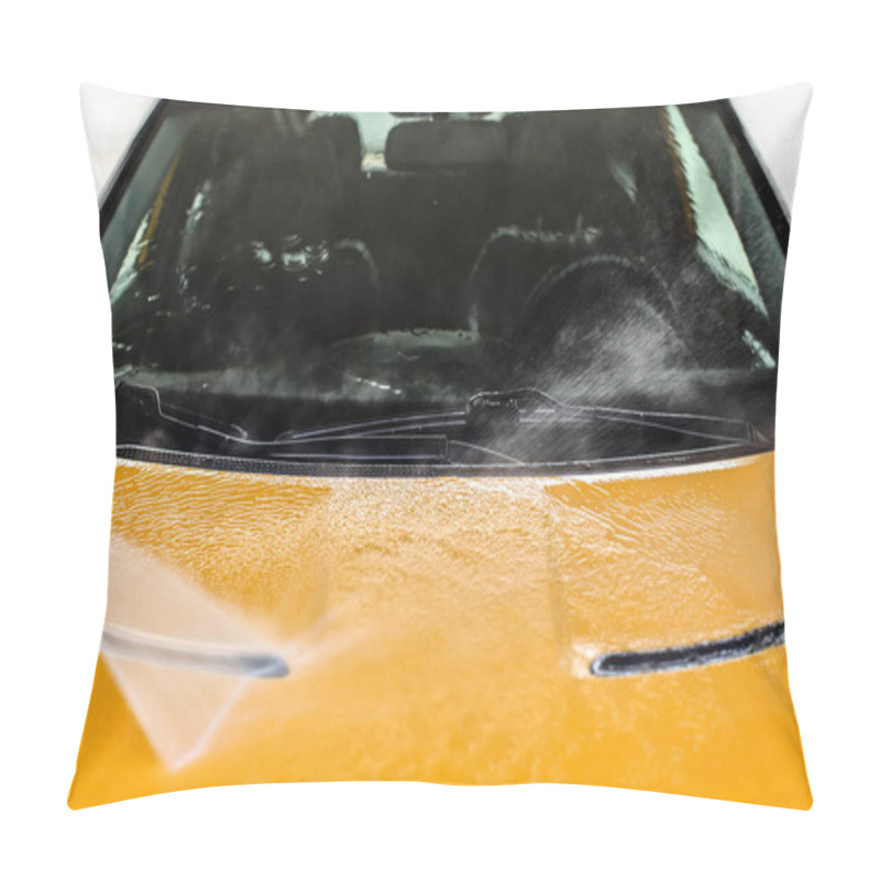 Personality  Water Jet Spraying On Front Of Yellow Car Washed In Self Serve C Pillow Covers