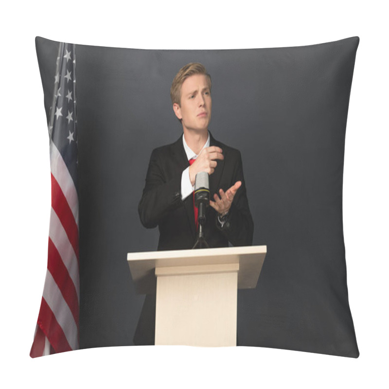 Personality  Emotional Man Speaking On Tribune With American Flag On Black Background Pillow Covers