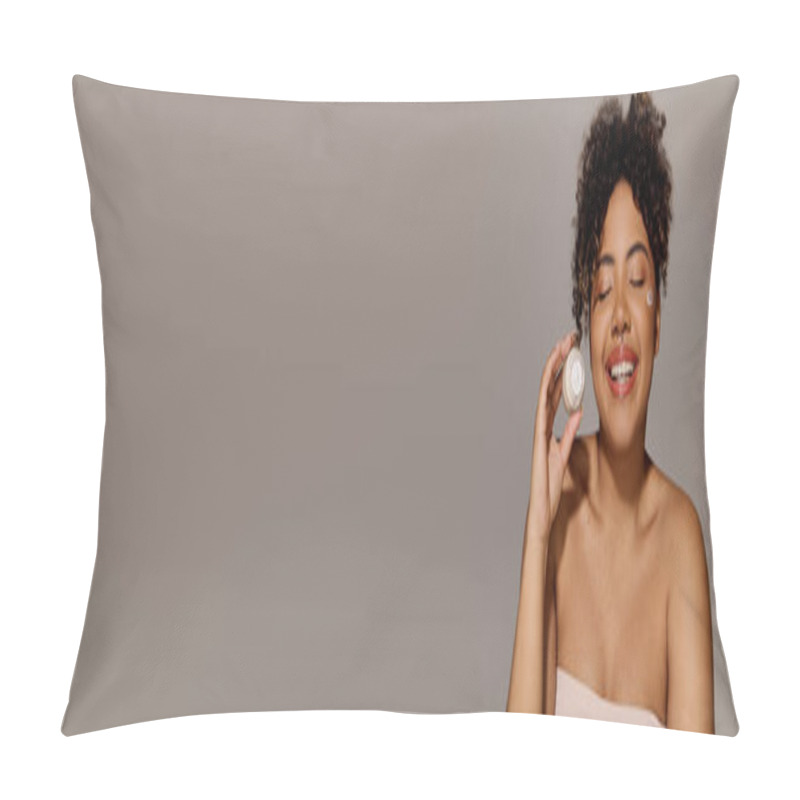 Personality  A Young African American Woman With Curly Hair Smiles As She Holds A Jar Of Cream, Banner Pillow Covers