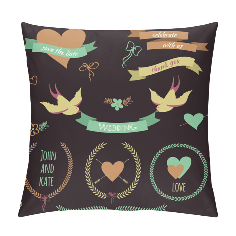 Personality  Vector Wedding Set With Birds, Hearts, Arrows, Ribbons, Wreaths, Pillow Covers