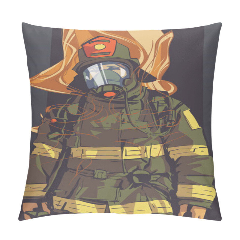 Personality  Stylized Illustration Print Design Of Fire Fighter In Protective Gear Pillow Covers