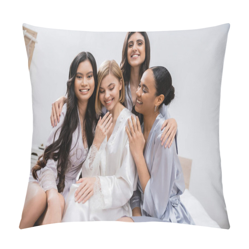 Personality  Four Women, Bridal Party, Joyful Blonde Bride And Her Interracial Bridesmaids Sitting On Bed Together, Happiness, Silk Robes, Engagement Ring, Brunette And Blonde, Best Friends, Diversity, Laughter  Pillow Covers