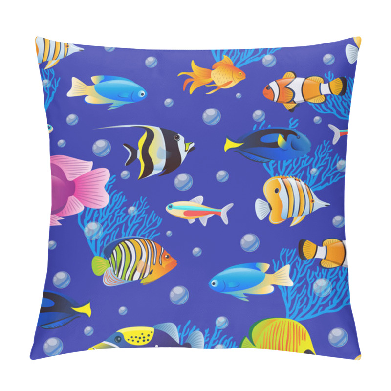 Personality  Colorful Cute Sea Fishes Collection On Blue Water Background. Vector Seamless Pattern. Cartoon Aquarium Kids Textile Print Design. Tropical Marine Life Cartoon Illustration. Pillow Covers