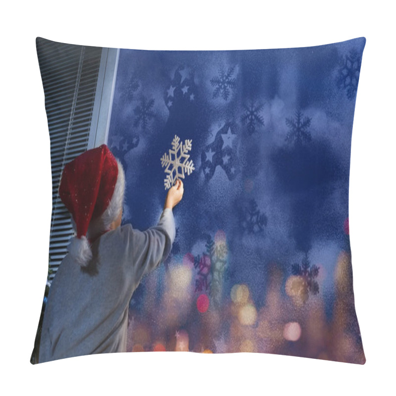 Personality  Nice Small Little Boy Puts White Snowflake On Cold Frosty Winter Window Glass On Christmas Eve Evening Pillow Covers