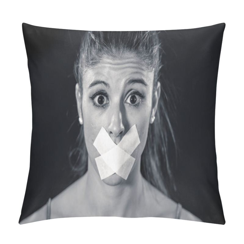 Personality  Attractive Scared Woman With Taped Mouth Making In Silence Abuse Censorship Me Too And Freedom Of Speech Concept Isolated On Black Background. Pillow Covers