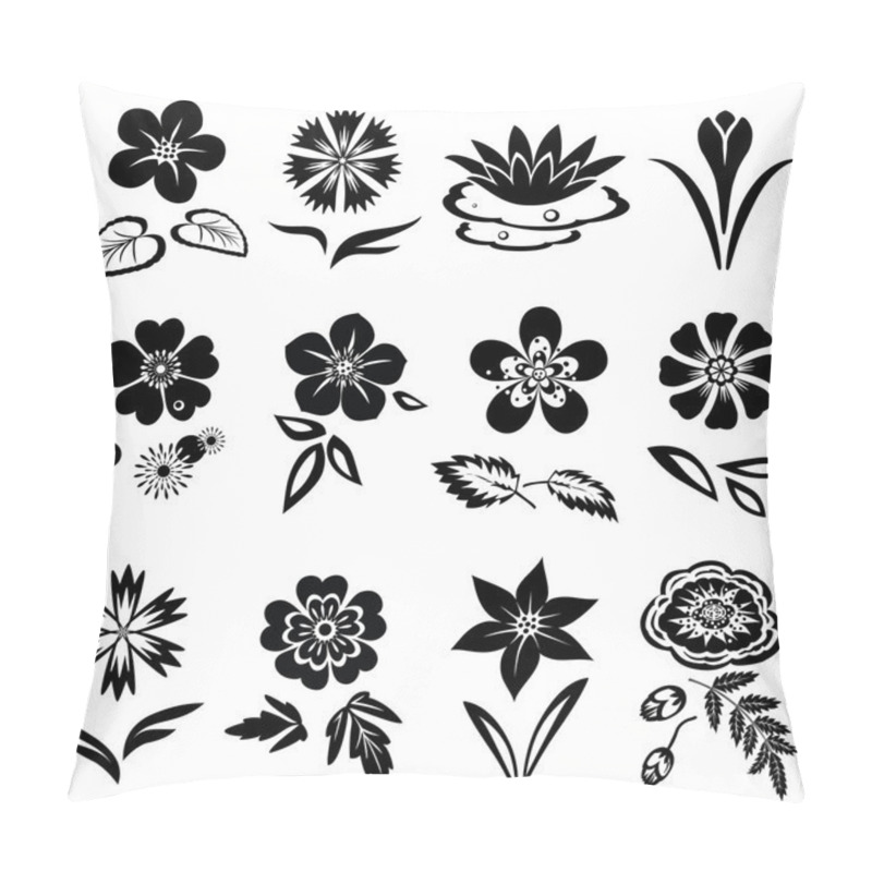 Personality  Flower Set. Nasturtium, Primula, Lily, Viola, Anemone, Crocus, Cornflower, Poppy, Orchid. Floral Black Symbols With Leaves. May Be Used In Cuisine. Vector Isolated Pillow Covers