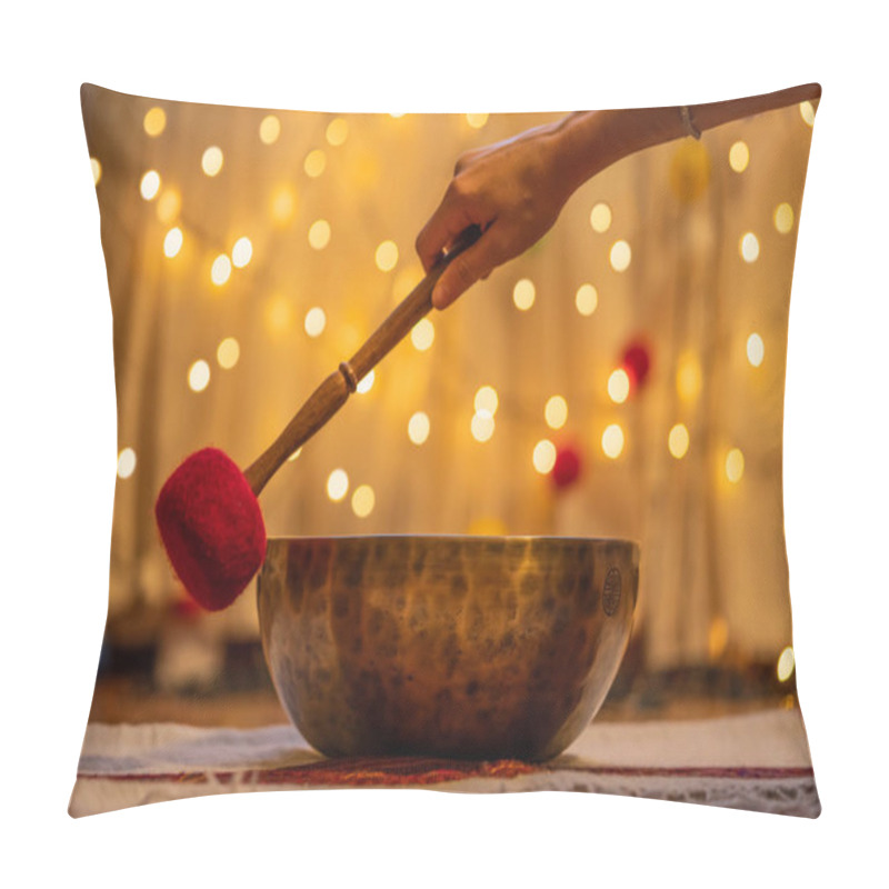 Personality  Handmade Hammered Tibetan Singing Bowl On Yellow Bokeh Background, Alternative Medicine Concept Pillow Covers