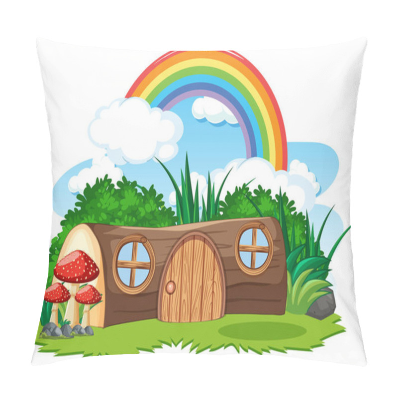 Personality  Fantasy Timber House With Rainbow In The Sky  Illustration Pillow Covers