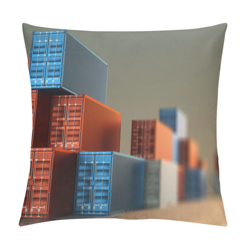 Personality  Sea Containers Against The Sky, Industrial Port With Containers, Cargo Containers. Logistics Concept, Fast Delivery. 3D Rendering, 3D Visualization, 3D Illustration Pillow Covers