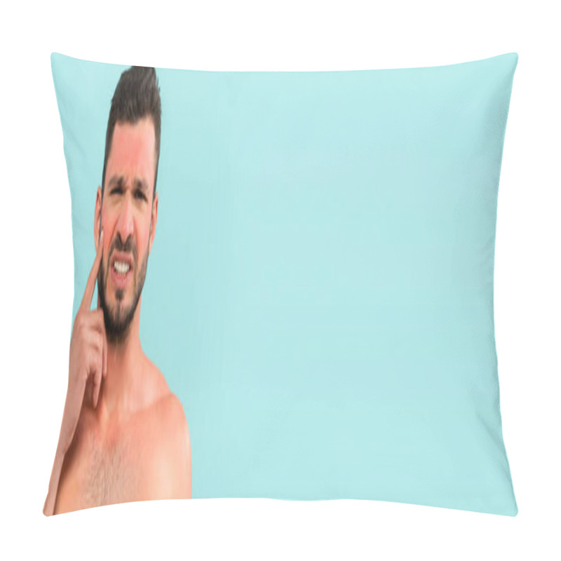 Personality  Worried Shirtless Man With Sunburn Looking At Camera Isolated On Blue, Banner  Pillow Covers